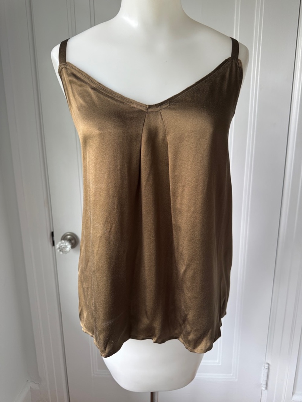 Vince L Silk V-Neck Cami Tank Top - Bronze, olive